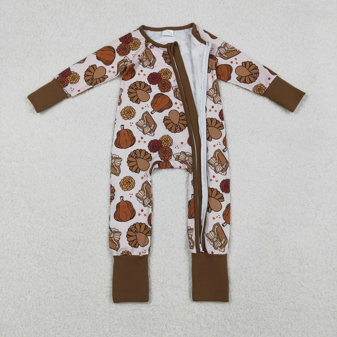 10.22 LR2690 Baby Boys Pie Turkey Pumpkins Thanksgiving Zipper Footie Romper