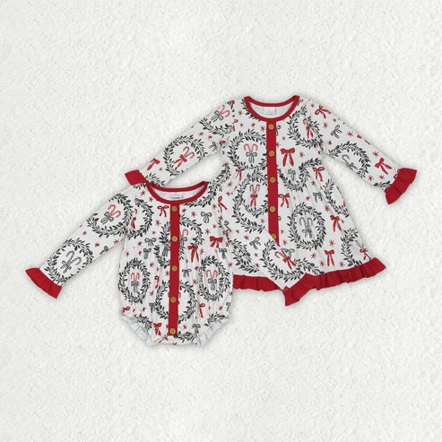 7.10 Sibling Baby Girls Christmas Green Red Bows Rompers Dresses