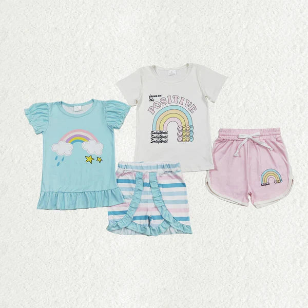 5.27 Sibling Baby Girls Positive Rainbow Shirts Top Ruffle Shorts Clothes Sets