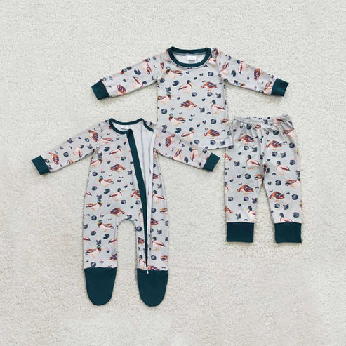 11.1 Sibling Baby Boys Ducks Plaid Pajamas Sets Zipper Footed Rompers
