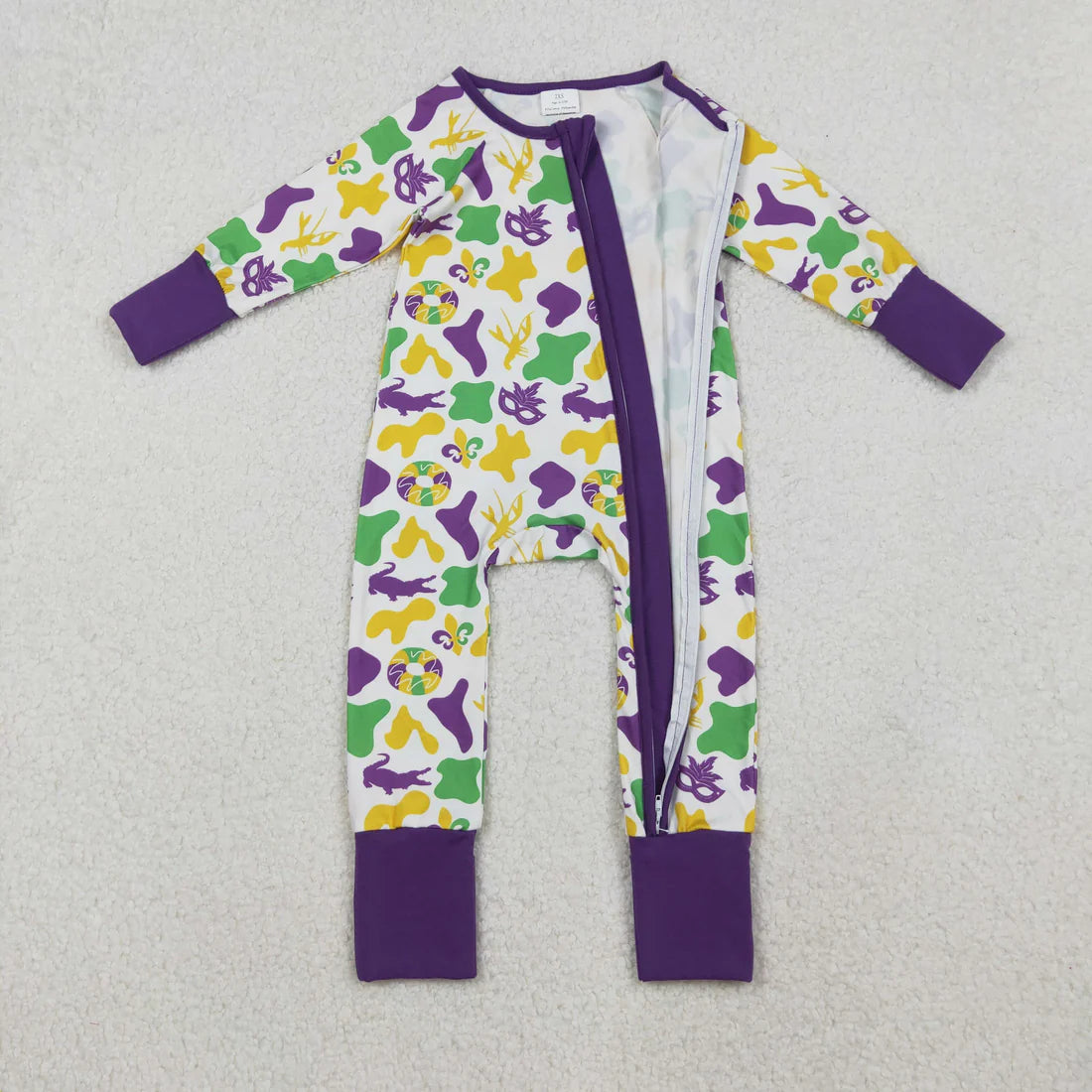 10.17 LR2637 Baby Boys Purple Yellow Green Camo Crayfishes Mardi Gras Zipper Footie Romper