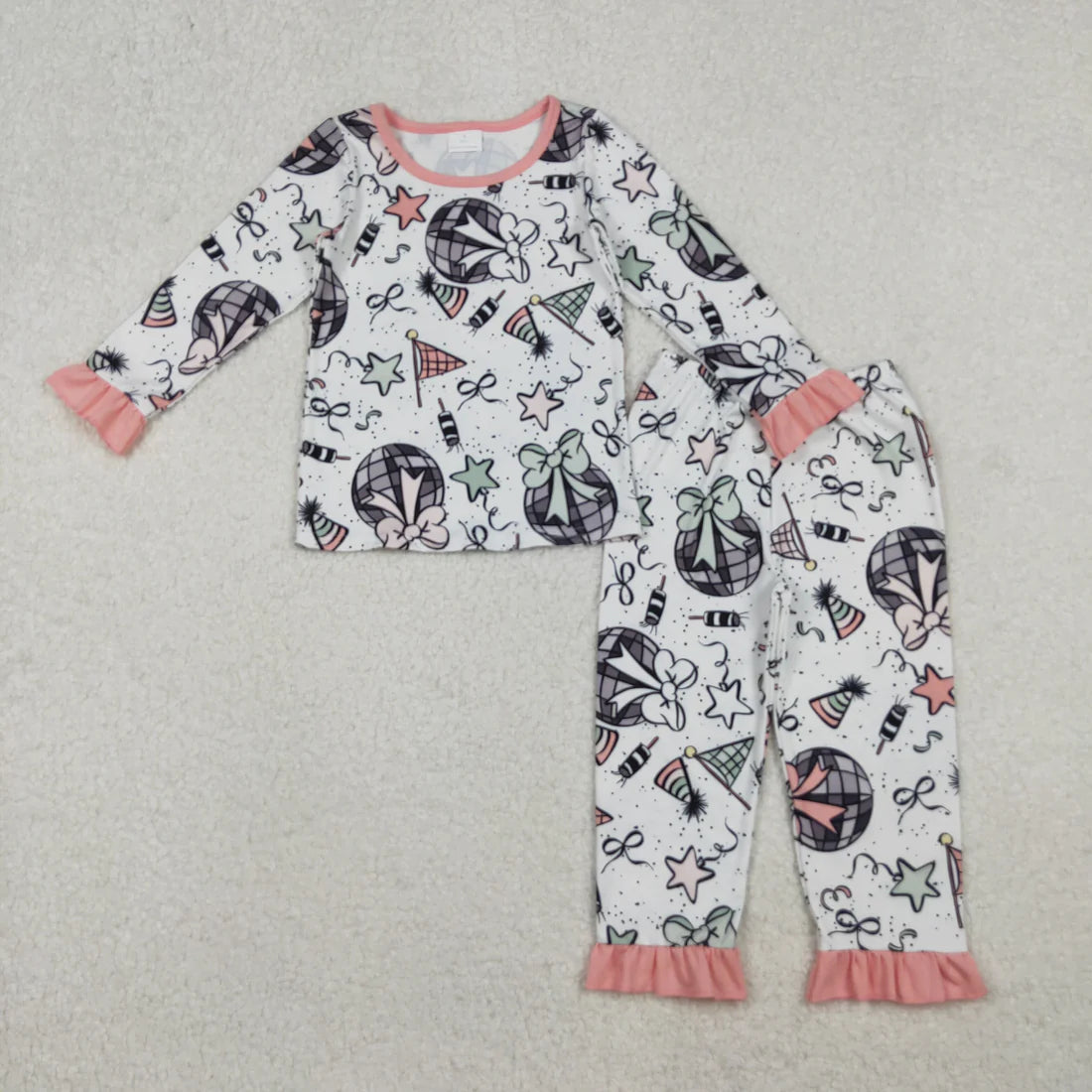 10.22 GLP2711 Baby Girls Happy New Year Top Ruffle Pant Pajamas Set