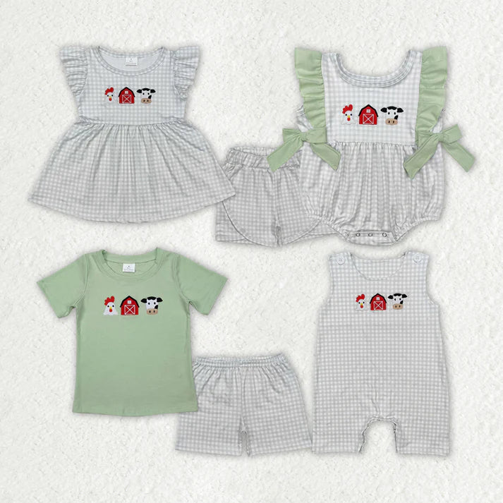 Sibling Boys Baby Girls Farm House Cow Summer Rompers Clothes Sets