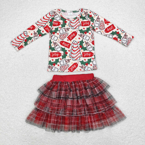 GT0325+GLK0033 Christmas Tree cookie Milk long sleeve skirt set