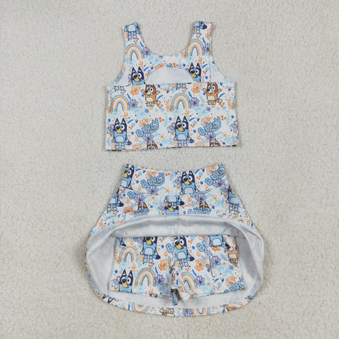 5.9 GSD2469 Baby Girls Sleeveless Cartoon Dogs Rainbows Top Skort Yoga Set