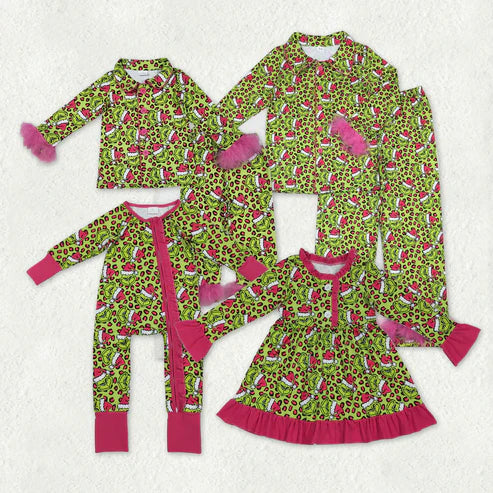 11.1 Mommy&Me Leopard Grin Button Fur Sleeve Pajamas Sets Ruffle Dresses Zipper Rompers