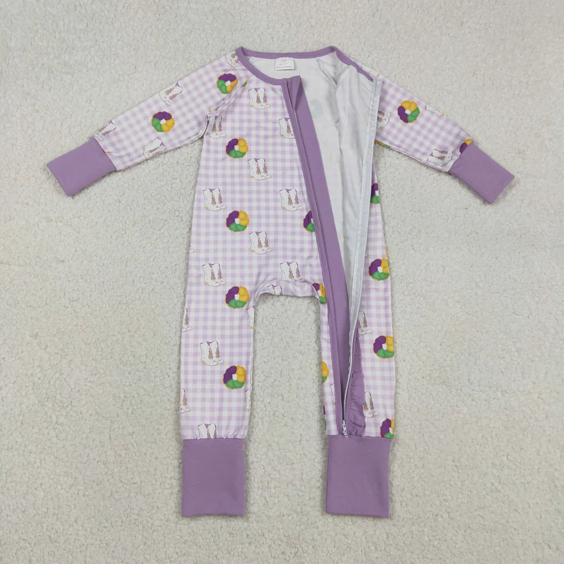 12.13 LR2783 Baby Girls Mardigras Boots Donuts Checked Two Way Ruffle Zip Convertible Romper