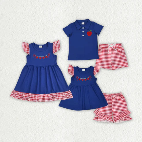 6.26 Sibling Boys Baby Girls Embroidery Apple Back To School Outfits Sets