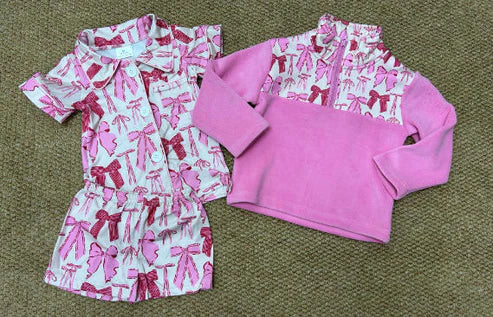 11.1 Sibling Baby Girls Pink Bows Plaid Button Pocket Shorts Pajamas Set Zipper Pullovers Top