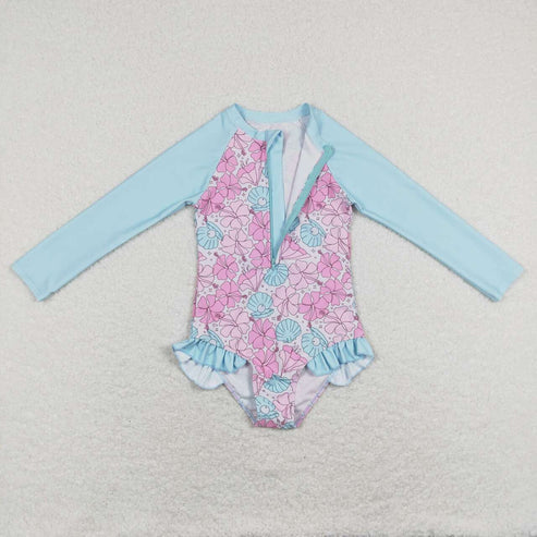 S0182 Shell Pearl flower zipper blue one-piece swimsuit