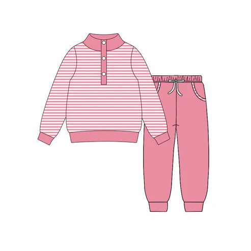 10.27 GLP3024 Baby Girls Peach Stripe Button Top Pockets Jogger Clothes Sets Preorder