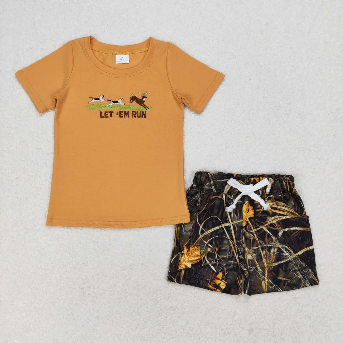 BT0674+ SS0280 Embroidered puppy Moose light brown short-sleeved top Twig leaf camo shorts set