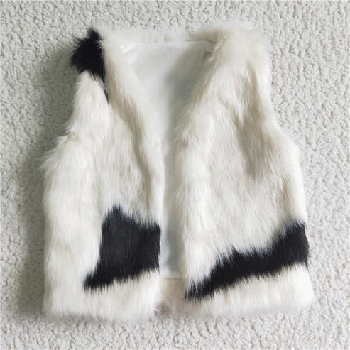 8.7 6 A21-13+GLP0277 baby girls Brown Shirt Heifer Cow Bell White fur vest 3pcs pants sets