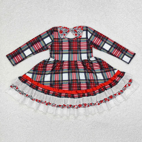 GLD0838 Baby Girls Christmas Green Red Checkered Ruffle Knee Length Dress