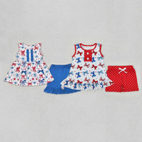 5.3 Sibling Baby Girls 4th Of July Bows Tunic Shorts Sets