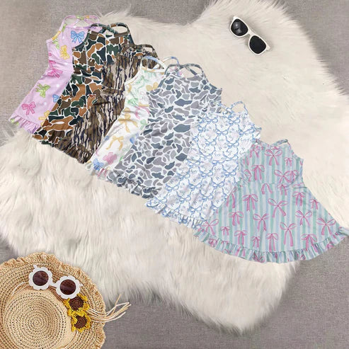 4.30 Sibling Baby Girls Strap Bows Floral Camo Print Yoga Activity Wear Ruffle Knee Length Dresses
