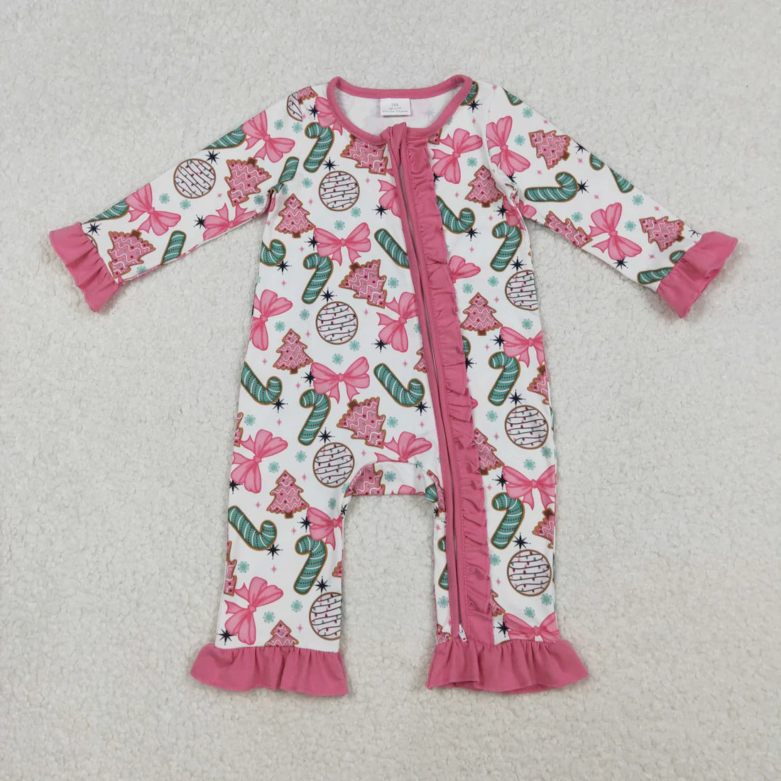 10.18 LR2486 Baby Girls Long Sleeves Christmas Trees Candy Cane Ruffle Zipper Romper