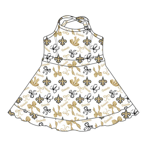 7.31  Custom Moq 5 Baby Girls Straps Yellow Bows Saints Shorts Ruffle Team Knee Length Dresses