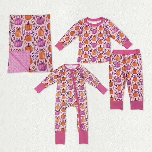 11.1 Sibling Baby Kids Hot Pink Pumpkins Floral Pajamas Sets Zipper Footie Rompers Blankets