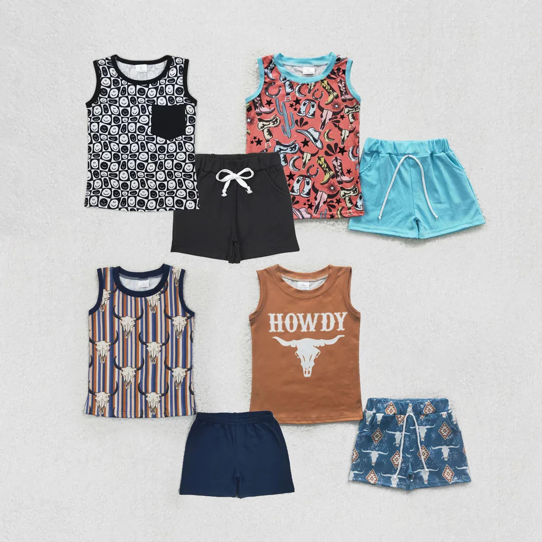 5.12 Sibling Baby Boys Sleeveless Tee Shirt Top Smiles Western Howdy Shorts Clothes Sets