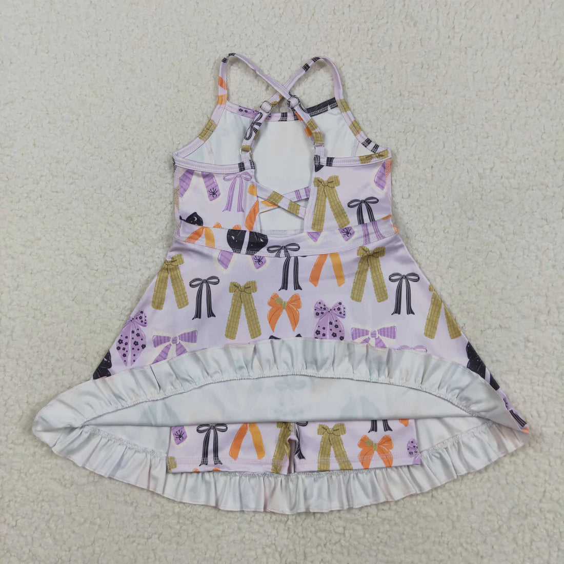 8.12 GSD2737 Baby Girls Lavender Strap Bows Plaid Shorts Yoga Knee Length Dress