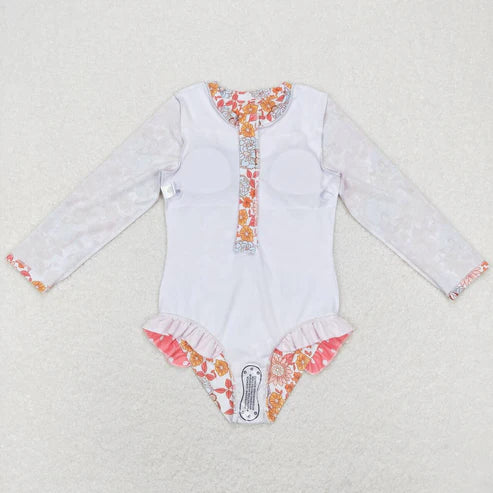 S0184 Flower butterfly white zipper long-sleeved one-piece swimsuit