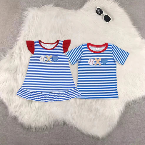 5.17 Sibling Baby Kids Blue Stripes Embroidery Baseball Short Sleeves Tee Shirts Top