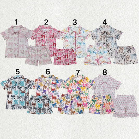 5.27 Sibling Baby Girls Colorful Bows Buttons Shirt Shorts Pajamas Clothes Sets