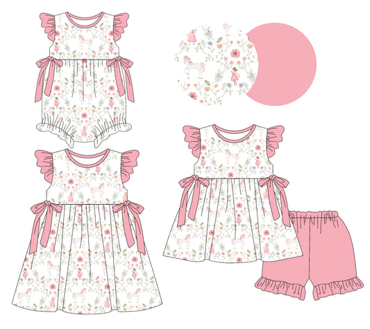 26.1.7 Custom MOQ:3 or 5 pcs each design milk silk Sibling baby girl clothes horse floral short sleeve shorts sets and dress and romper