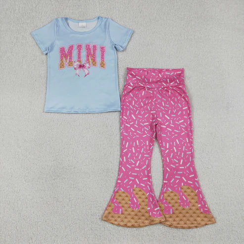 12.27 RTS NO MOQ（In Stock) MINI Bow Blue Short-Sleeve Rose Red Waffle Ice Cream Pants Set