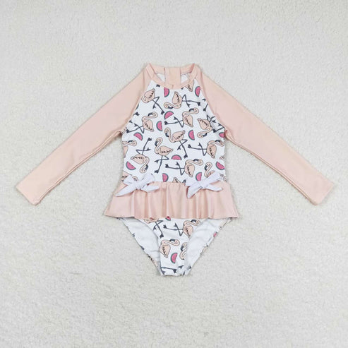 S0245 Watermelon flamingo white long-sleeved one-piece swimsuit