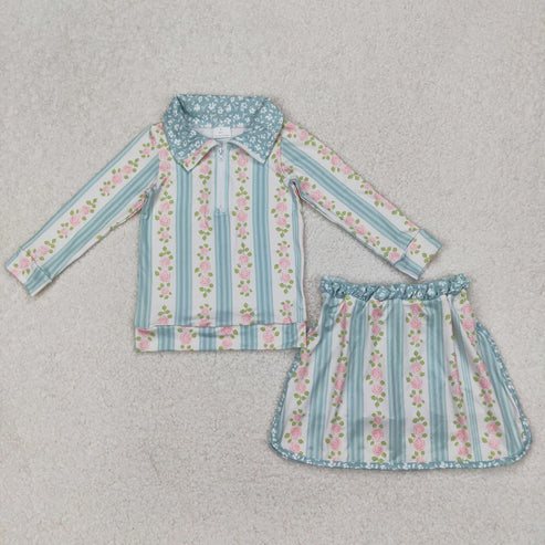 4.14 GLD1001 Baby Girls Green Flowers Zip Top Skirt Skort Bottoms Set