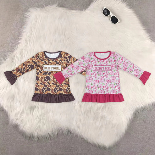 6.2 Sibling Baby Girls Daddy's Girl Camo Flowers Father Day Long Sleeve Tee Shirts Tops