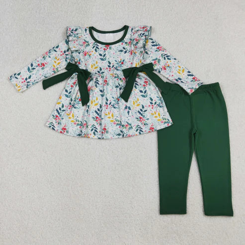 10.10 GLP2476 Baby Girls Long Sleeves Floral Bows Tunic Dark Green Legging Pant Set