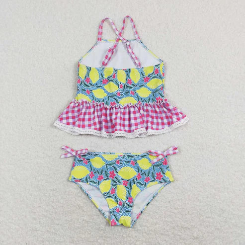 S0219 lemon pink white plaid lace swimsuit suit