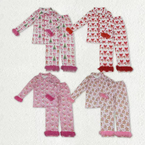 10.31 Sibling Adult Women Bows Santa Trees Button Top Pants Christmas Fur Pajamas Sets