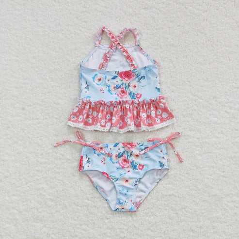 S0159 floral pink lace light blue swimsuit set