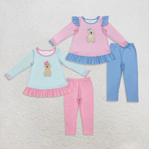 10.31 Sibling Baby Girls Embroidery Bows Dogs Stripe Tunic Leggings Pants Valentine Clothes Sets