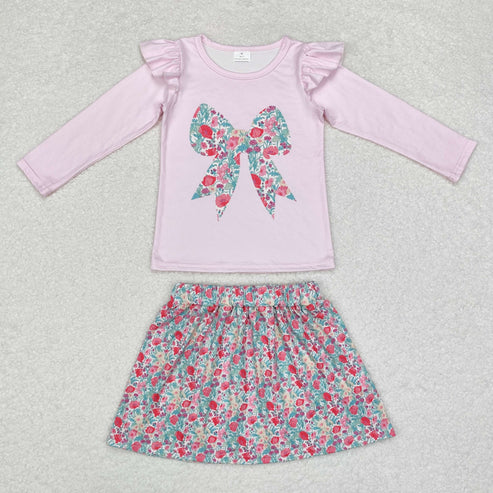 GT0699+GLK0032 Baby Girls Fall Pink Bow Tee Flowers Skirt Clothes Set