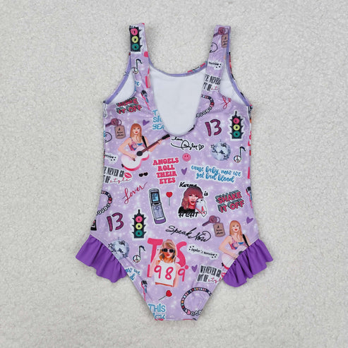 S0388 Baby Girls Purple Sleeveless Ruffle One Piece Swimsuit