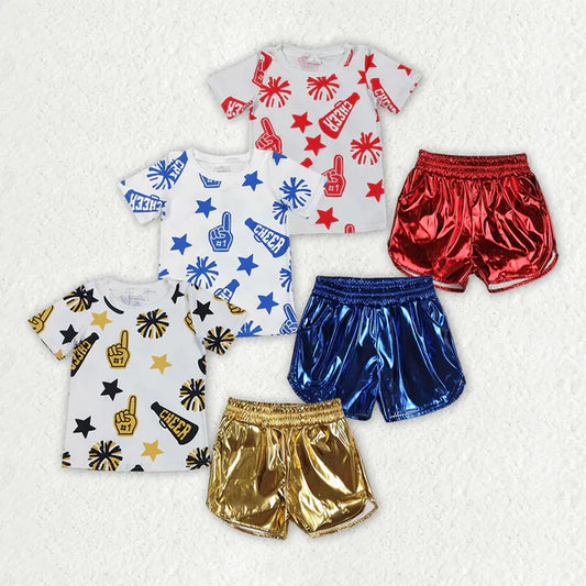 4.8 Sibling Baby Girls Cheer Team Tops Metallic Shorts Clothes Sets