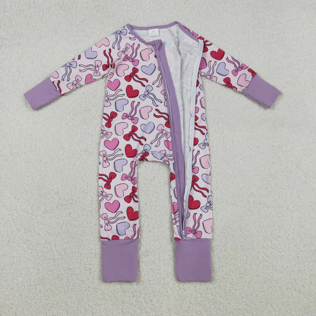 12.8 LR2883 Baby Girls Long Sleeve Hearts Bows Valentines Two Way Zip Convertible Romper