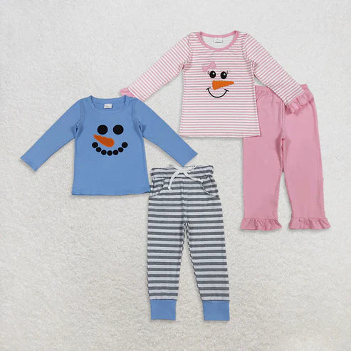 10.31 Sibling Baby Boys Girls Embroidery Snowmen Stripe Top Pants Christmas Clothes Sets