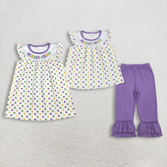 Sibling Baby Girls clothes embroidery mardi gras short sleeve pants Clothes Sets and dress