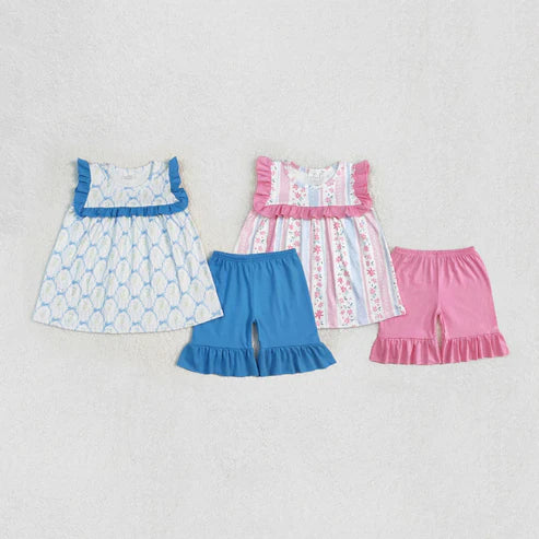 5.3 Sibling Baby Girls Bows Flowers Tunic Ruffle Shorts Sets