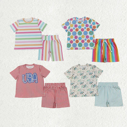5.27 Sibling Baby Girls Short Sleeves Smiles USA Stripe Top Short Pajamas Sets