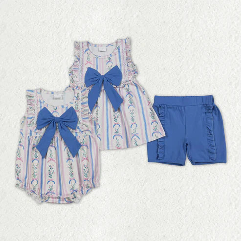 10.31 Sibling Bows Baby Girls Flowers Bows Stripes Tunic Ruffle Shorts Clothes Ruffle Rompers