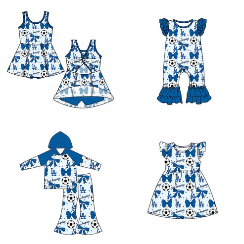 6.25 Custom Moq 3 each item Sibling Baby Girls Los Angeles Team Romper Dress Clothes Sets