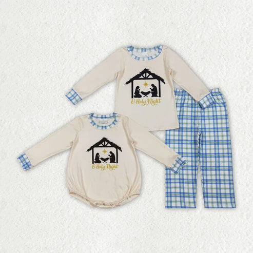 10.31 Sibling Baby Boys Nativity Long Sleeve Top Checked Pants Christmas Clothes Sets Rompers