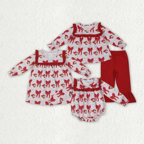 6.26 Sibling Baby Girls Christmas Red Santa Bows Rompers Dresses Outfits
